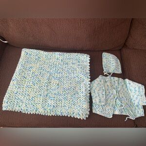 Hand Crocheted Baby Sweater, Hat and Blanket $13